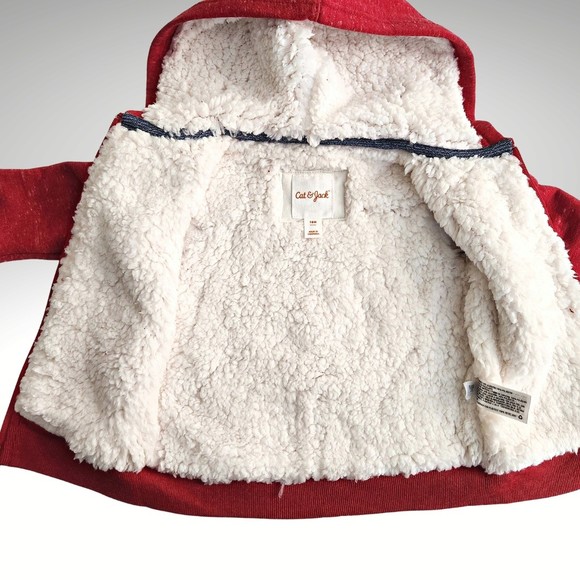 Unisex Red Sherpa Lined Zip-Up Hoodie Jacket - Cat & Jack Red 18M New with Tags - Picture 6 of 9